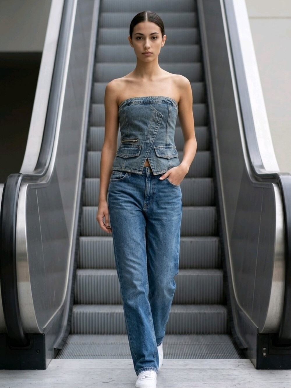 PrettyLittleThing Shape Denim Bustier Top. Size 6